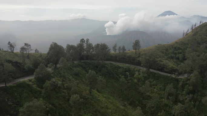 公路绕山蜿蜒穿过山谷从Bromo火山，IDN