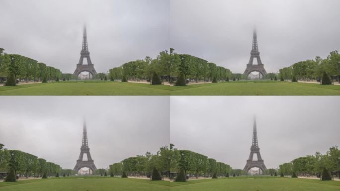 法国巴黎时间流逝，埃菲尔铁塔和战神广场花园的城市天际线