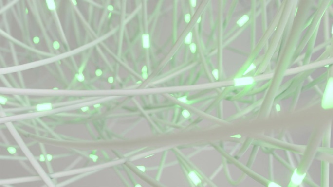 交织的白色电线与软绿色高光在一个混乱的网络。