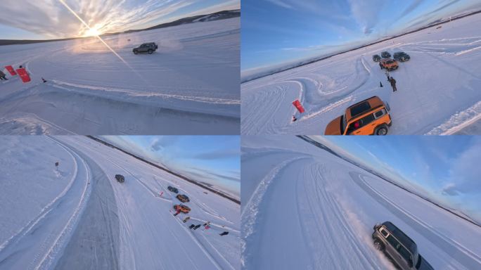 穿越机航拍冰雪场地汽车炫酷阳光追逐漂移