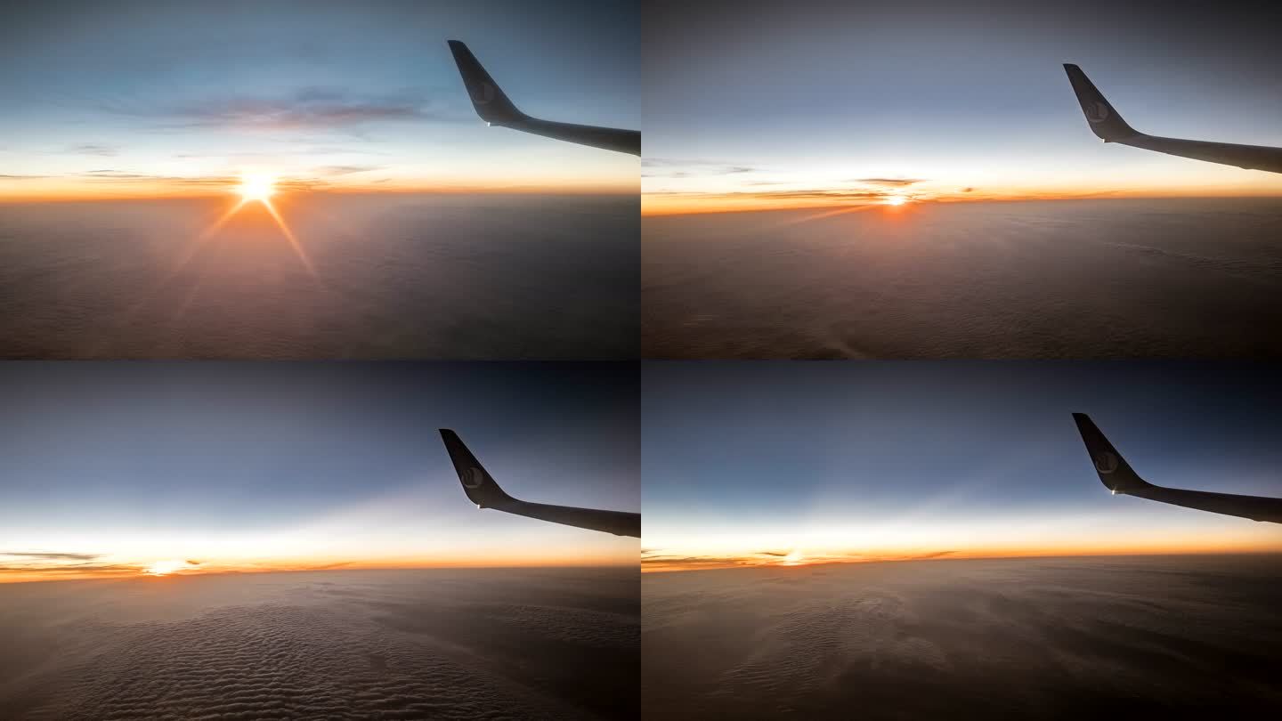 山东航空飞机航行云层之上日落延时摄影
