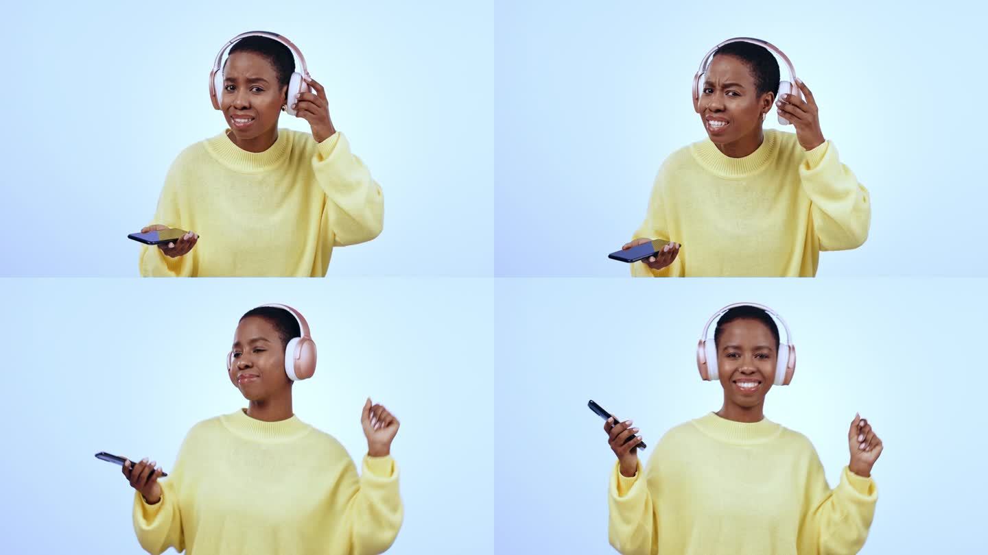 问题是，戴耳机的黑人女子听音乐，跳舞却听不见。困惑，收音机里的肖像和人物，手机里的流媒体音频，工作室
