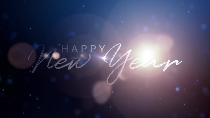 新年快乐新年祝福文字与发光浮动粒子和闪耀光胸围深蓝色抽象背景。蓝色背景上的抽象节日复古