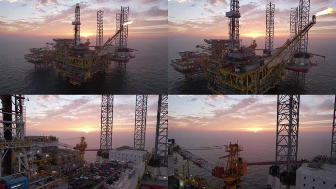 夕阳下海上石油平台