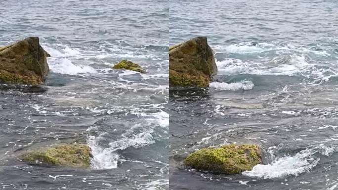 大海浪花海浪拍打礁石竖屏升格