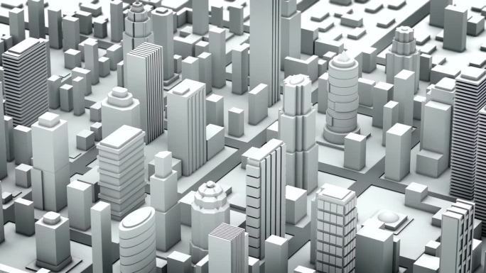 未来城市的灰度三维模型。建筑物从地面拔地而起