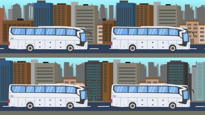 乘坐公交车在城市的方式，二维平面动画，无缝循环