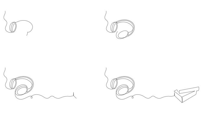 耳机与书本一线艺术动画、手绘有声读物阅读装置、有声读物收听无线小工具连续轮廓绘制运动。教育与学习概念