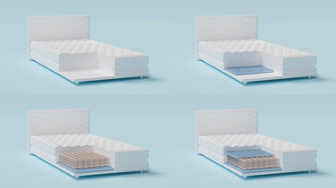 三维分层片材床垫与空气织物，口袋弹簧，天然乳胶，记忆泡沫隔离在蓝色背景。3d渲染图