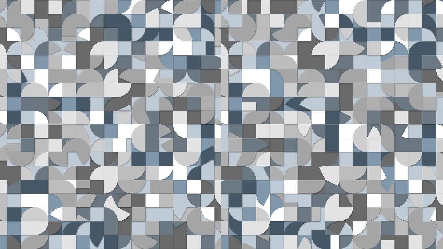 几何图案循环。圆形，方形动画。蓝色，白色，灰色。