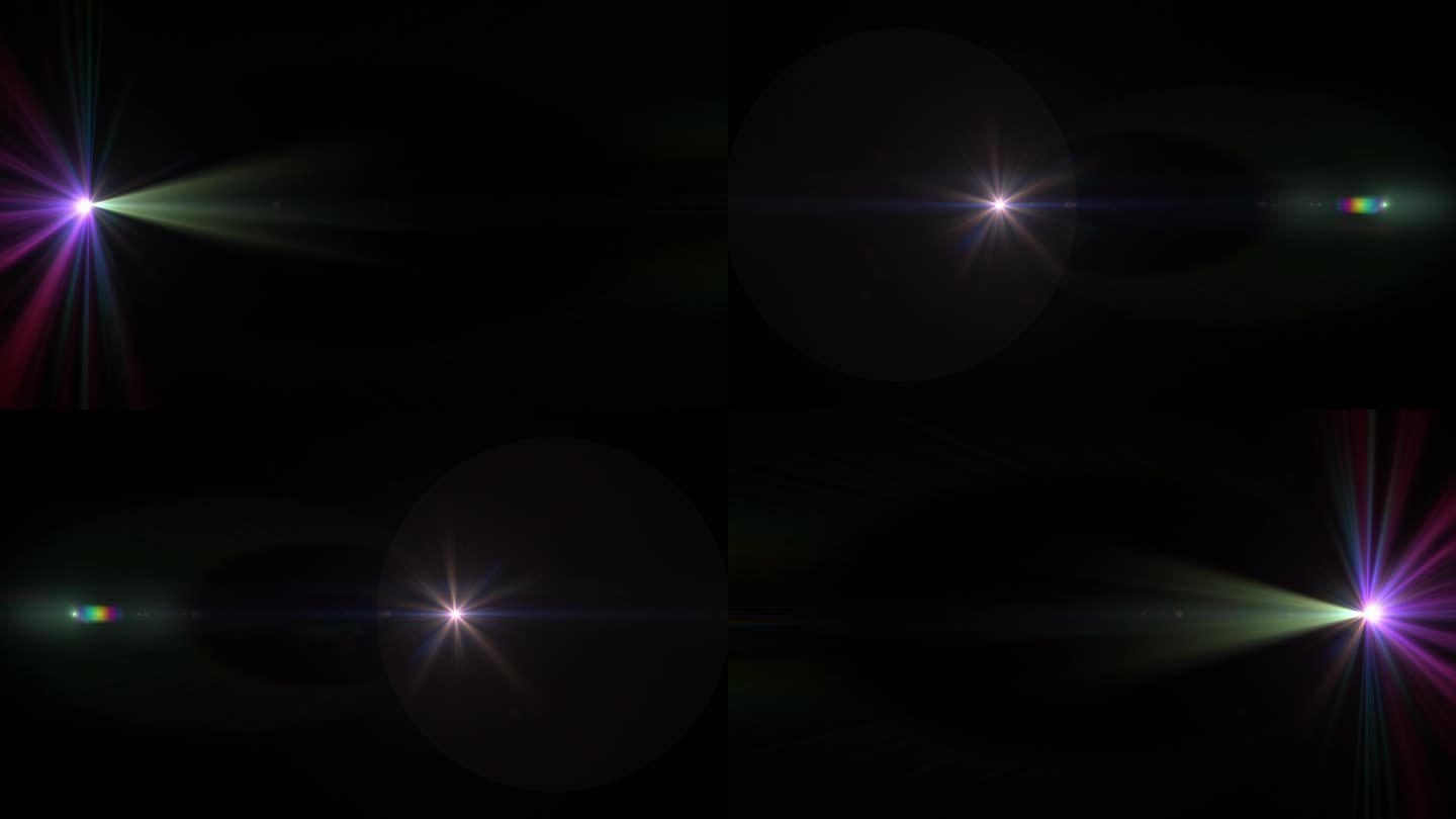 抽象的金蓝色光学镜头闪光光运动动画从左到右移动的黑色背景上的屏幕项目覆盖。4K无缝循环动态动态亮星光
