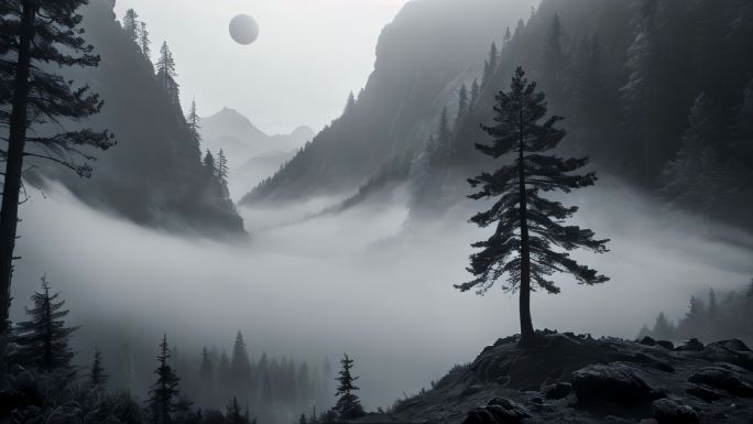 黑白水墨山川风景山脉山峰氛围舞台迷雾
