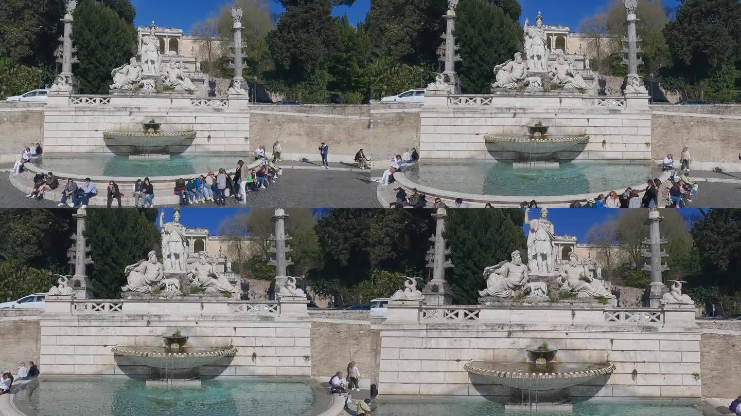 航拍慢镜头，游客们悠闲地坐在意大利罗马人民广场的喷泉和雕塑前