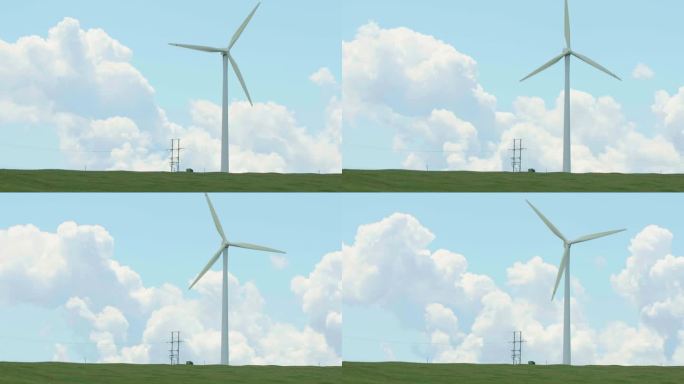 风力发电蓝天白云延时拍摄草原风车清洁能源