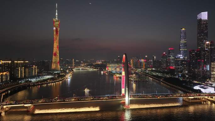 广州猎德大桥珠江两岸夜景航拍