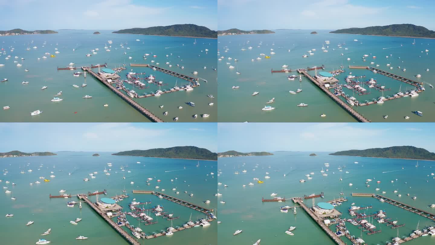 从空中无人机拍摄的夏龙码头海景，豪华游艇，游艇，帆船和渔船俱乐部，美丽的白天天空。