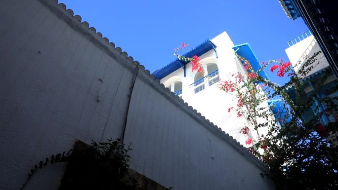低角度拍摄的西迪布赛德街道，蓝白相间的建筑充满活力，天空晴朗，阳光明媚