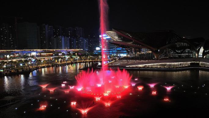 航拍珠海金湾华发商都音乐喷泉夜景素材