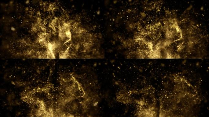 金粉颗粒闪闪发光的尘埃动画爆炸闪烁快速能量飞行波在黑色背景