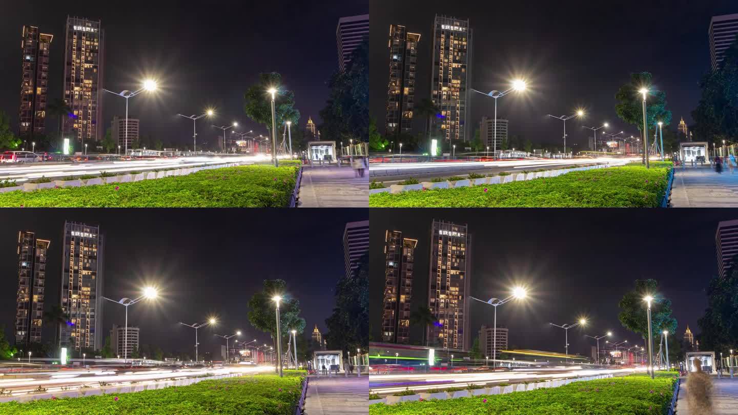 夜间照明雅加达市金融区市中心交通街道人行道全景4k延时印尼