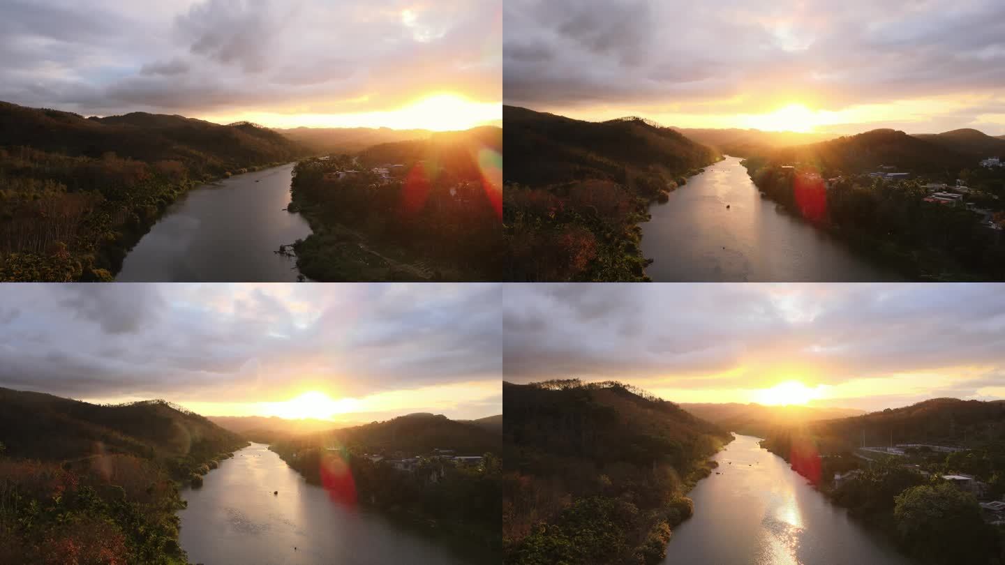 航拍热带雨林，森林，夕阳