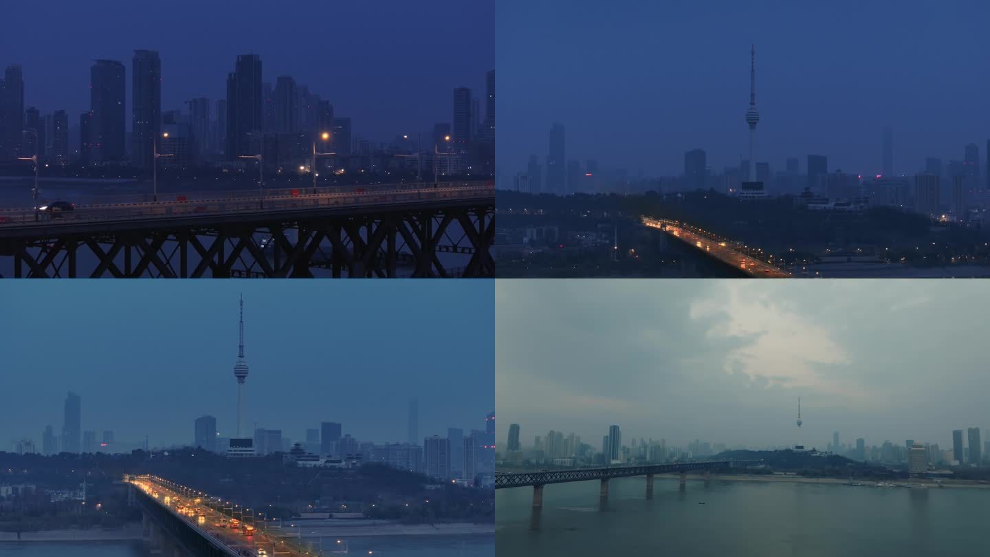 凌晨火车穿过武汉长江大桥4k航拍