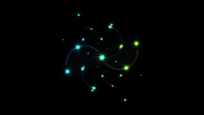 许多不同尺度的旋转之字形，由小的闪烁发光的霓虹灯点组成，孤立在黑色的背景上。神圣几何学。4k循环视频