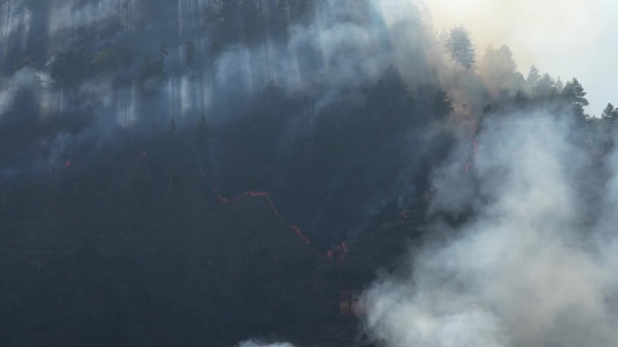干旱季节，一场野火在尼泊尔陡峭的山坡上燃烧，烟雾直冲云霄。