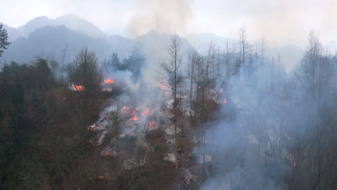 航拍山林山火火灾