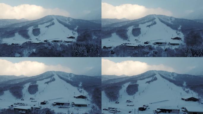 在滑雪场开幕前的清晨，拉进透视航拍的滑雪场。