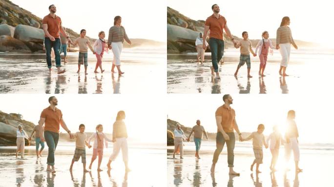 海滩，散步和家人牵手，旅行和幸福与周末休息和夏天。爷爷奶奶，爸爸妈妈有阳光，海边有假期，爱和海洋有孩