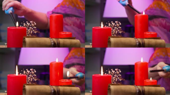 算命先生为巫术仪式点燃了红色的蜡烛，气氛中充满了魔法火焰