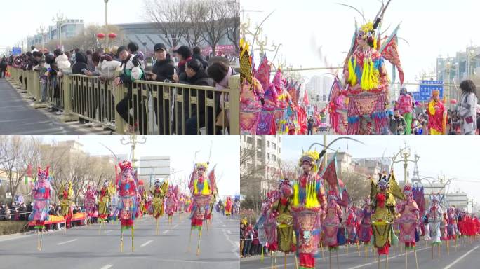 正月踩高跷巡演市民围观热闹