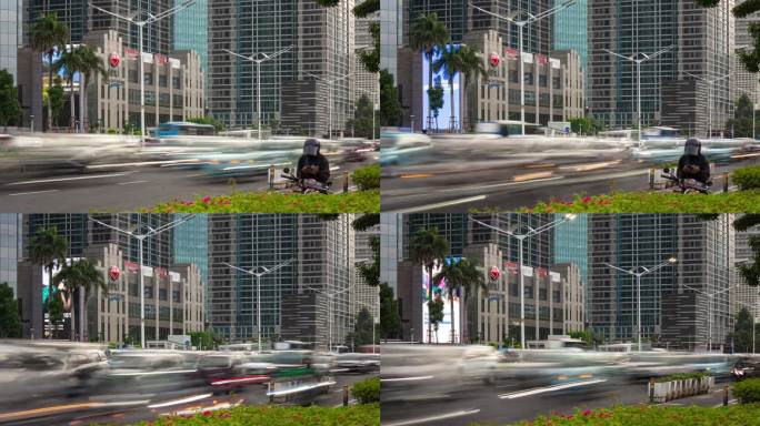 白天雅加达市现代市中心高峰时段交通街道全景4k延时拍摄印度尼西亚