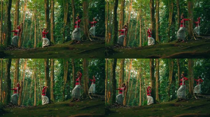 三幅连续的画面，一个穿着传统服装的女人在茂密的森林中跳舞，描绘了运动和文化舞蹈。