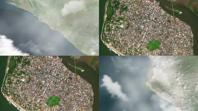 地球从太空放大到利比里亚蒙罗维亚。接着是通过云层和大气层进入太空。卫星的视图。旅游介绍