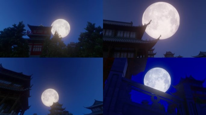 中秋之夜，月亮从建筑物的屋顶上缓缓升起