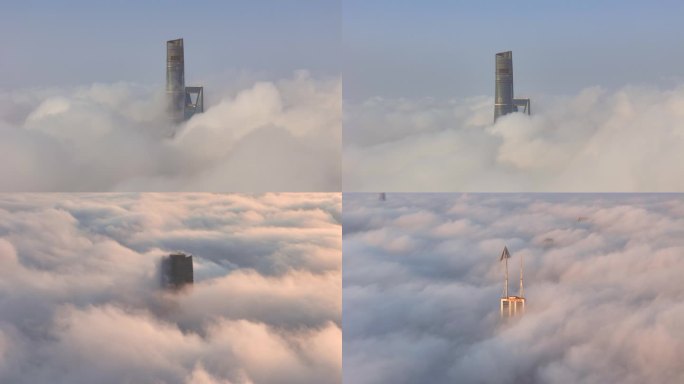 上海平流雾云中云海中陆家嘴白玉兰大楼
