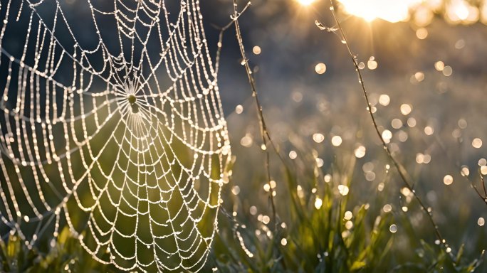 阳光下的蜘蛛网 光芒穿透：蜘蛛网微观世界