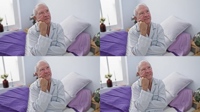 一位沉思的老人坐在卧室里，穿着睡衣，躺在床上沉思，脸上带着沉思的表情。手放在下巴上，屏住呼吸，脸上露