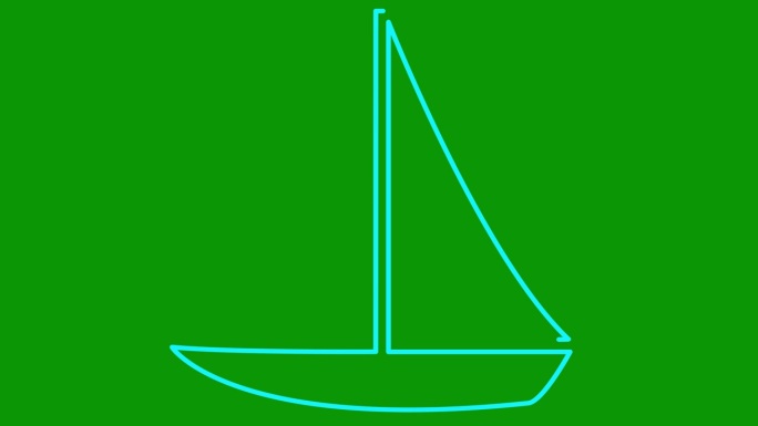 蓝色游艇动画绘制。帆船的线形符号。旅游、休闲、航海、帆船赛的概念。毛圈的视频。线矢量插图孤立的绿色背
