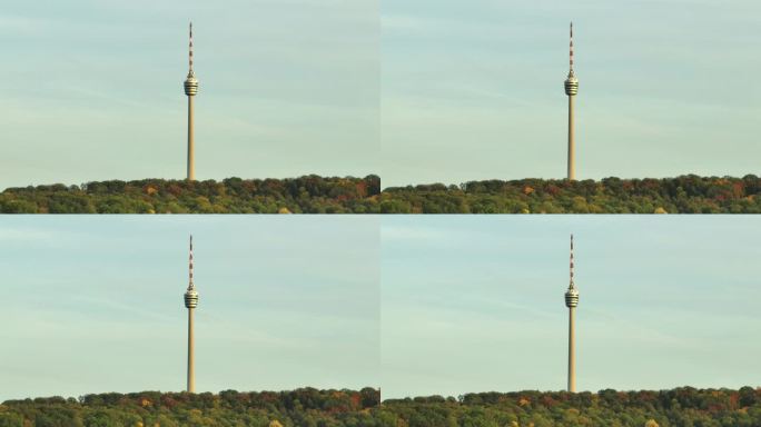 傍晚时分飞越斯图加特市广播电视塔山顶航拍全景4k德国