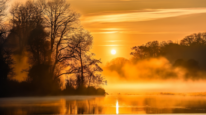 早晨意境唯美日出湖面山水晨雾金色湖面