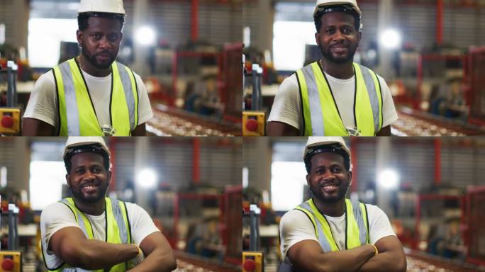 专业金属机械工业工程师，头戴安全帽，面带微笑，自信地站在车间工厂里