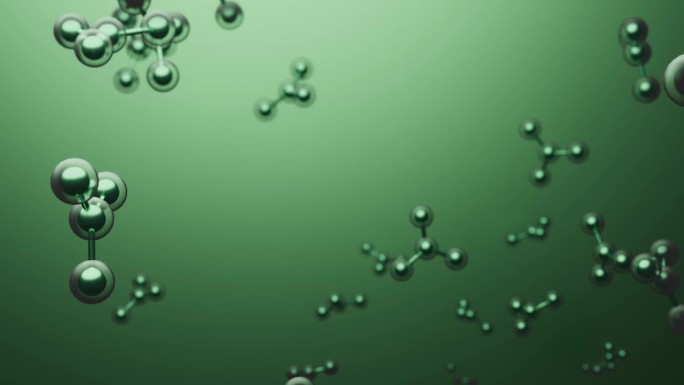 3D动画分子宏原子细胞精华液面霜，胶原蛋白透明水晶优质精华液和维生素护肤，清晰无缝循环运动背景。绿色