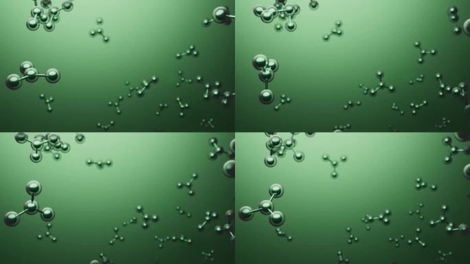 3D动画分子宏原子细胞精华液面霜，胶原蛋白透明水晶优质精华液和维生素护肤，清晰无缝循环运动背景。绿色