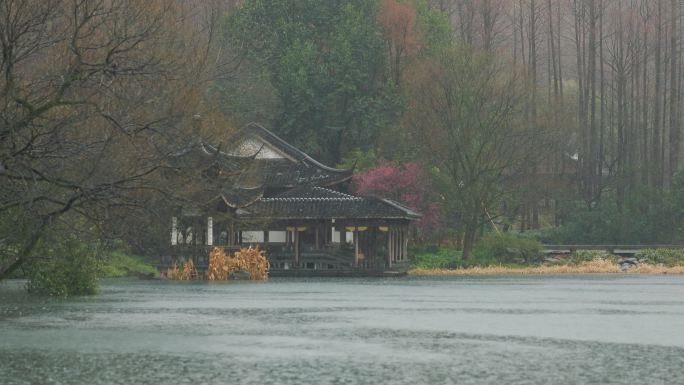 初春雨中杭州西湖的浴鹄湾景色