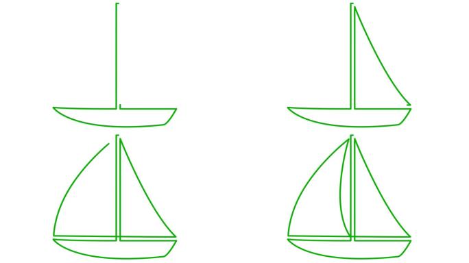 动画绿色游艇绘制。帆船的线形符号。旅游、休闲、航海、帆船赛的概念。毛圈的视频。线矢量插图孤立的白色背