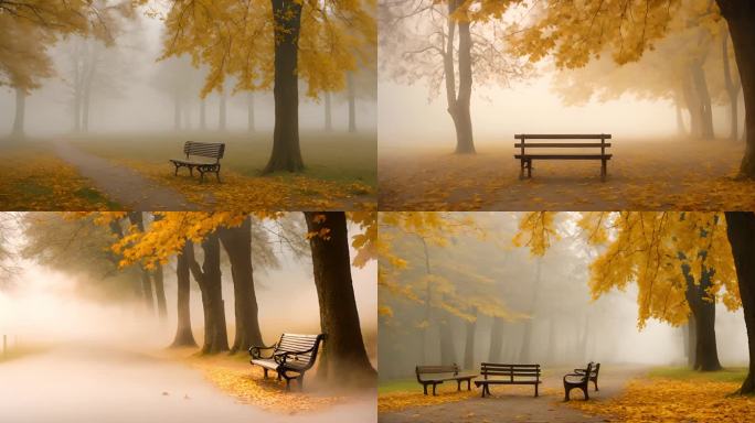 秋日私语：雾中金色落叶与长椅的诗意时刻