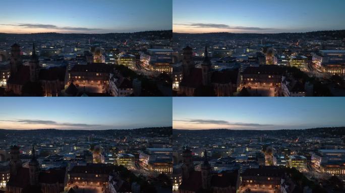 日落之夜斯图加特城市景观航拍全景4k德国
